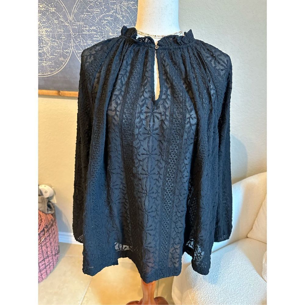 Old Navy Ruffle Trim Split Neck Lace Long Sleeve Black Top Size XXL 751746